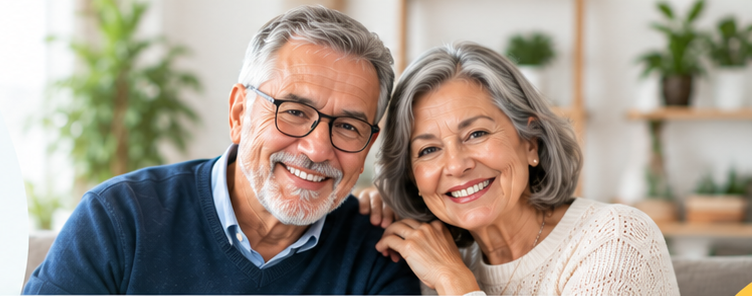 Pareja de pensionados sonriendo en su casa